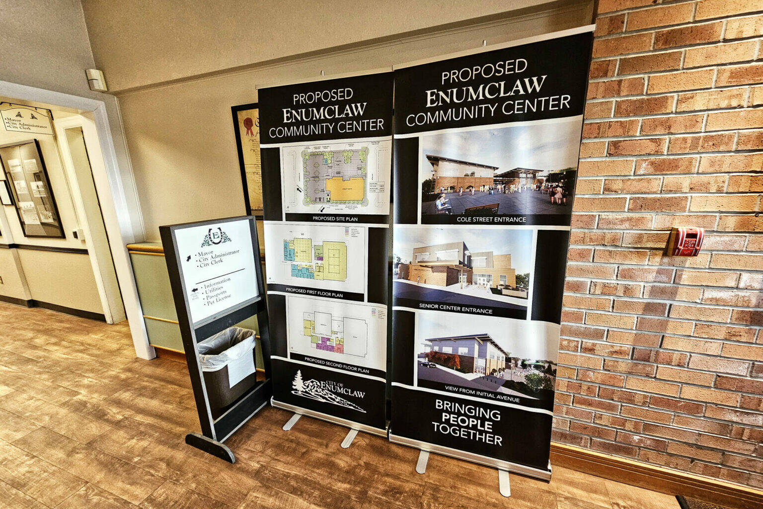 Banners in Enumclaw’s City Hall show off the proposed layout and exterior design of a possible community center. If you want more information, make sure to attend the March 14 (from 6:30 to 7:230 p.m.) and then on March 23 (11 a.m. to 12:30 p.m.) open houses at the senior center. Photo by Ray Miller-Still