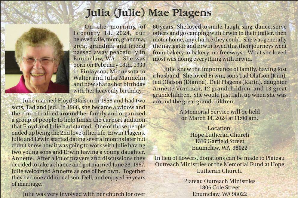 Obit for Julia Plagens