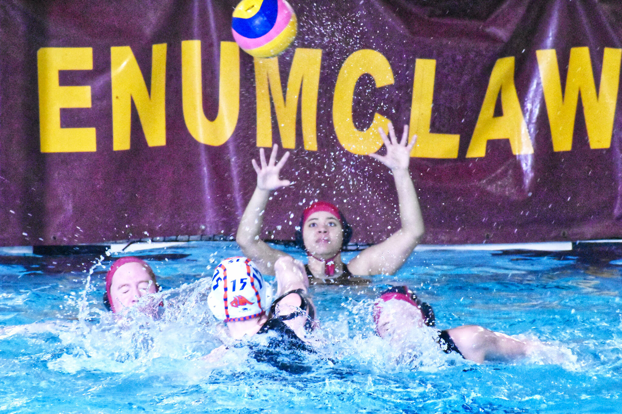 The Enumclaw Aquatic Center was alive Friday afternoon with the sounds of high school water polo action, when the Enumclaw girls hosted the squad from Auburn Mountainview. Pictured here are Adele Razor in goal. The EHS team will be busy this week, hosting Kentridge today (Wednesday) and Auburn Riverside on Friday.