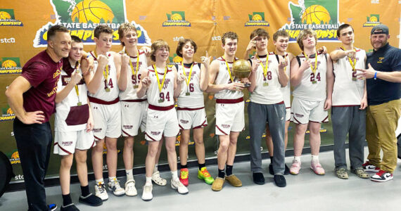 Photo courtesy Sara Stratton
Five Enumclaw Hornets youth basketball teams traveled to Spokane on March 16 and 17 to compete in an Amateur Athletic Union tournament. Out of 400 teams from around the state going for the gold, Enumclaw’s 8th grade team went 5-0 to take the state championship. The team consists of Kolt Kuzaro, Quinton Kuzaro, Trey Kuzaro, Cash Markham, Chase Nater, Lucas Olsen, Paxton Patterson, Booker Stratton, Carson Tice and Landon Teeple. Photo courtesy Sara Stratton