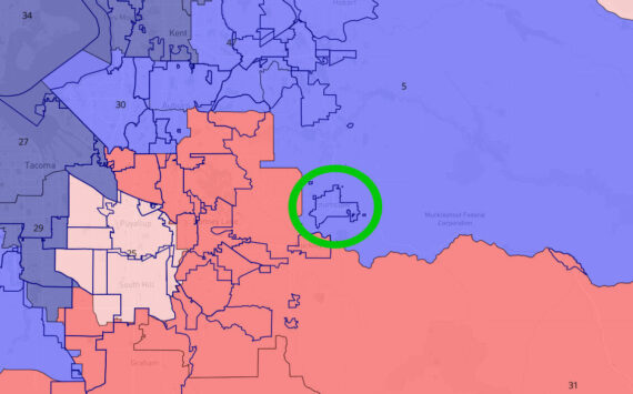 A screenshot from davesredistricting.com, which shows that Enumclaw (in the green circle) is now in the blue 5th Legislative District, and will no longer be represented by Sen. Phil Fortunato or Reps. Drew Stokesbary and Eric Robertson.