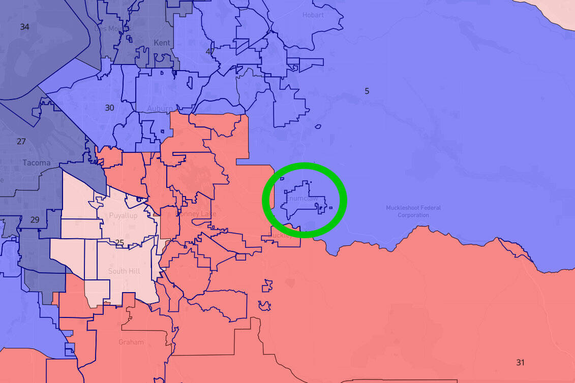 A screenshot from davesredistricting.com, which shows that Enumclaw (in the green circle) is now in the blue 5th Legislative District, and will no longer be represented by Sen. Phil Fortunato or Reps. Drew Stokesbary and Eric Robertson.