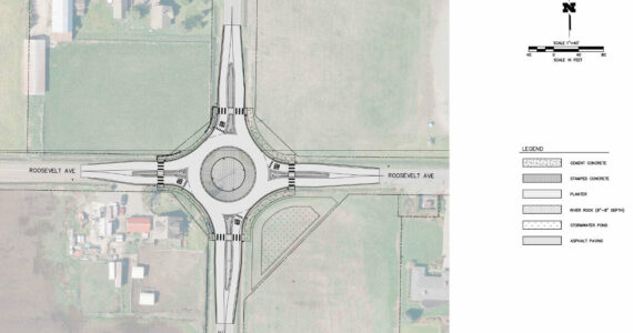 A sketch of how the one-lane roundabout at the Roosevelt Avenue and 244th Avenue intersection will look like, once construction is completed in September. Image courtesy of the city of Enumclaw