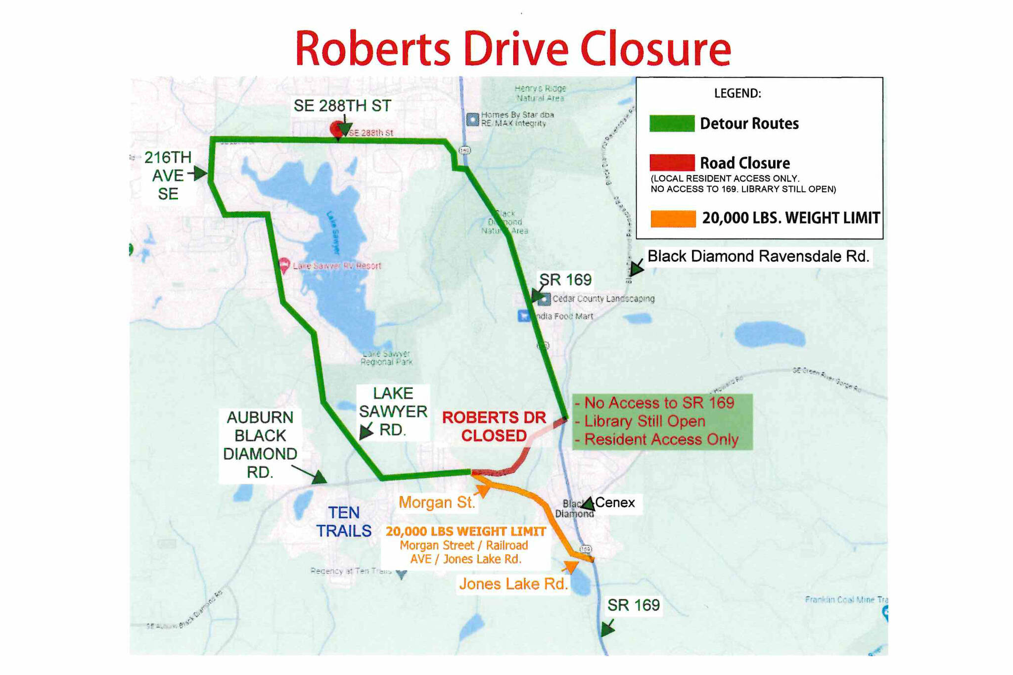 Roberts Drive is expected to close at the SR 169 intersection for six months. Image courtesy the city of Black Diamond