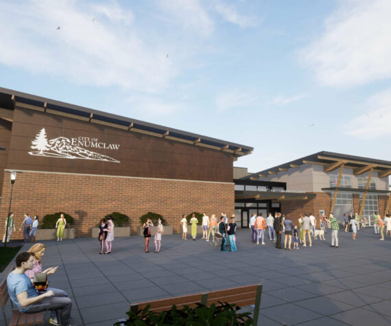 <p>A current mock-up of the proposed community center, though old building accents are still shown. The design won’t be finalized unless the $19.5 million bond is passed, so locals can still give the city their input — but design changes could come with additional costs. Image courtesy the city of Enumclaw</p>