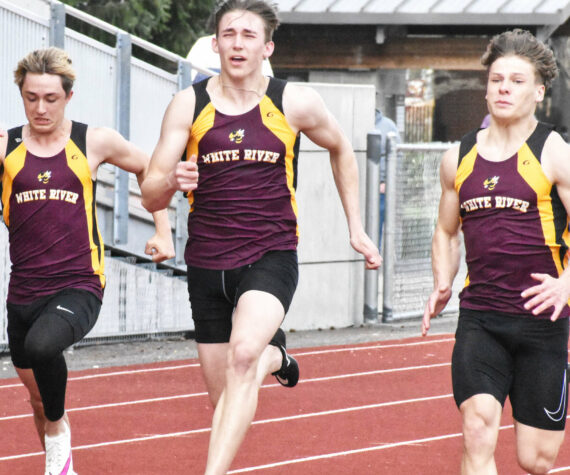 Photo by Kevin Hanson
White River’s track and field athletes raced to easy team victories the afternoon of April 10, swamping the visitors from Foss High. In these photos, a boys’ race featured (from left) Hunter Maris, Tyce Donovan and Tate Bowen.