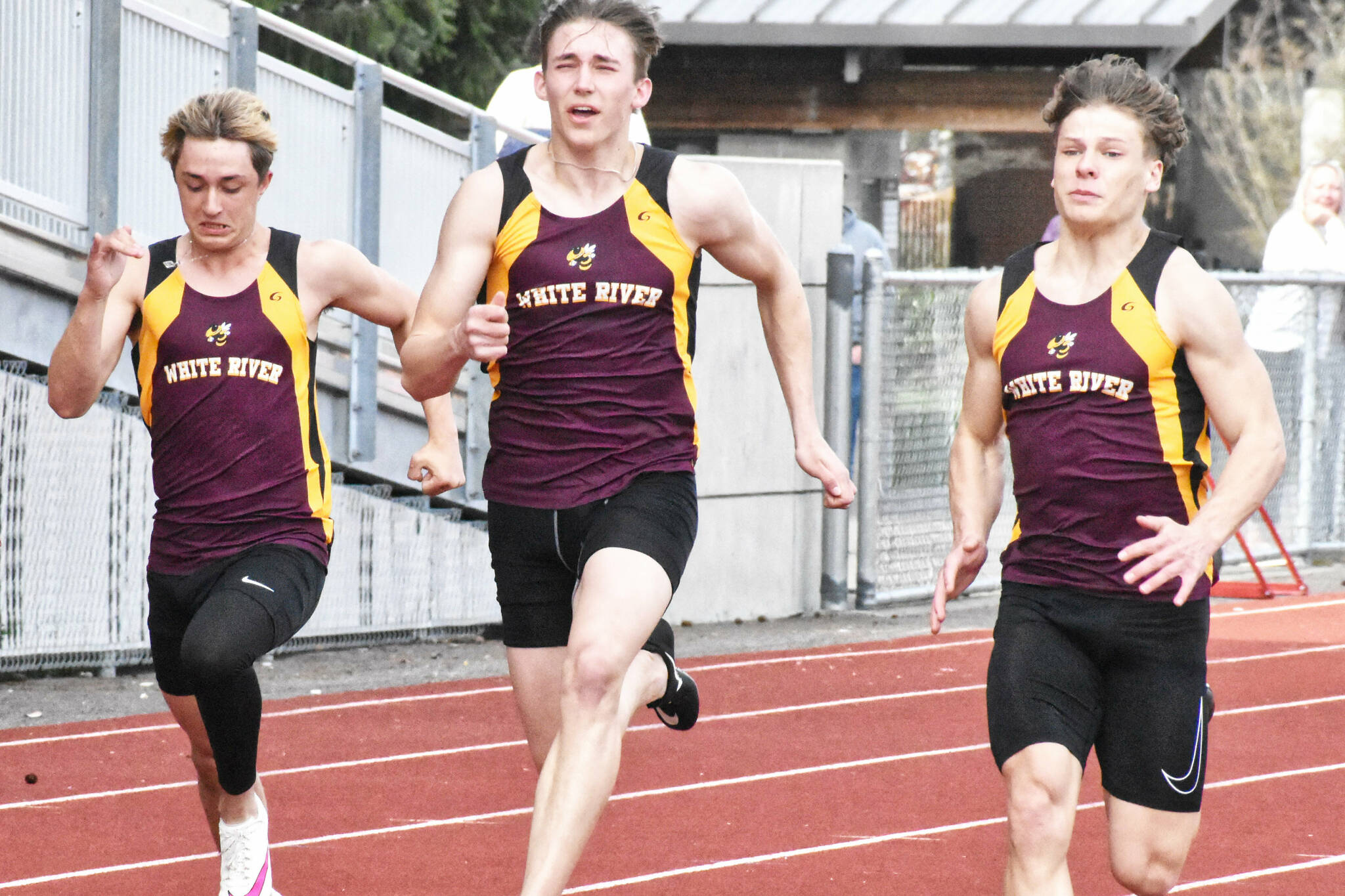 White River’s track and field athletes raced to easy team victories the afternoon of April 10, swamping the visitors from Foss High. In these photos, a boys’ race featured (from left) Hunter Maris, Tyce Donovan and Tate Bowen. Photo by Kevin Hanson