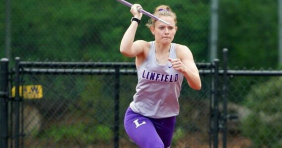Former Enumclaw High athlete Kira Hawaaboo captured a pentathlon title during the recent Northwest Converence track and field championships. Here, she competes in the javelin. PHOTO COURTESY LINFIELD UNIVERSITY