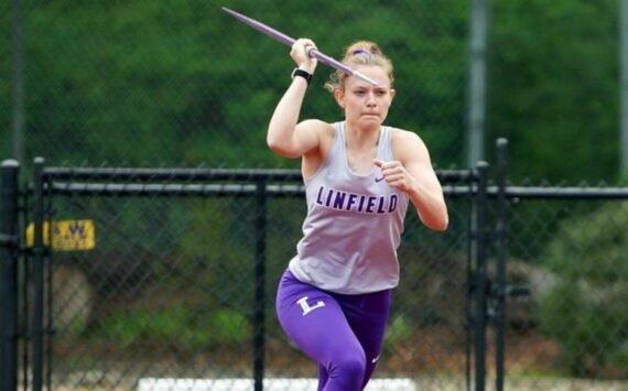 Former Enumclaw High athlete Kira Hawaaboo captured a pentathlon title during the recent Northwest Converence track and field championships. Here, she competes in the javelin. PHOTO COURTESY LINFIELD UNIVERSITY