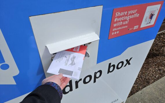 You ballots can be turned into the drop box at the Enumclaw library until 8 p.m. tonight. Photo by Ray Miller-Still