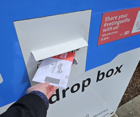 <p>You ballots can be turned into the drop box at the Enumclaw library until 8 p.m. tonight. Photo by Ray Miller-Still</p>