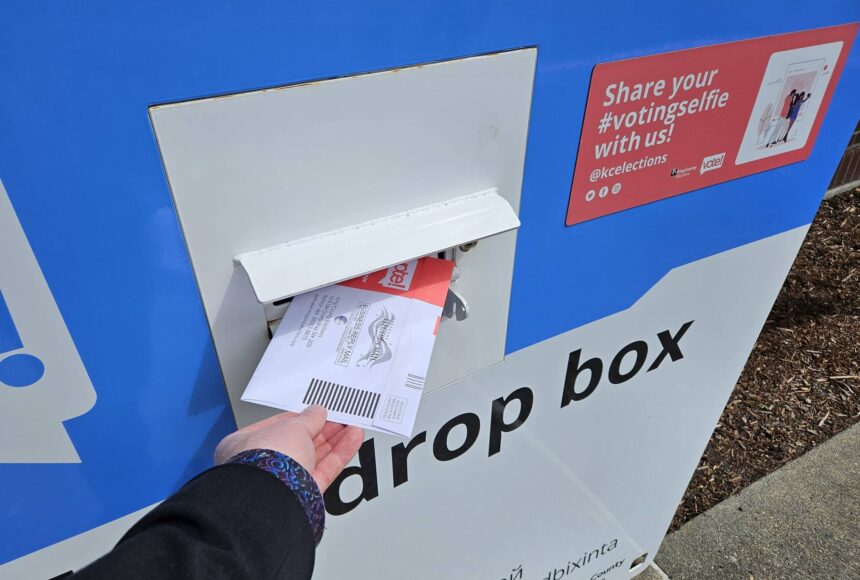 <p>You ballots can be turned into the drop box at the Enumclaw library until 8 p.m. tonight. Photo by Ray Miller-Still</p>