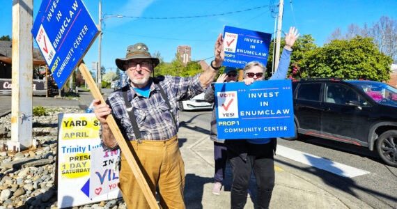 Photo by Ray Miller-Still
Supporters of the $19.5 million bond measure to build an Enumclaw community center gathered at the corners of Griffin Avenue and Porter Street on April 22 to encourage people to vote for the project.