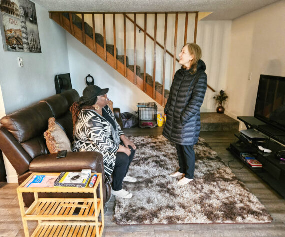 <p>Photo by Ray Miller-Still</p>
                                <p>Abril Mitchell-Ward moved into the Enumclaw 4plex last November, after experiencing homeless and an untenable living situation in another affordable housing unit. She met with Rep. Kim Schrier on April 25 to speak about her housing experience.</p>
