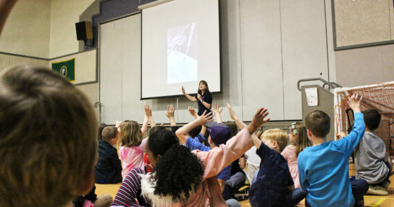 Photo by Ray Miller-Still
Former astronaut Dr. Tammy Jernigan speaking at White River School District’s Mountain Meadow Elementary school about her time in space.