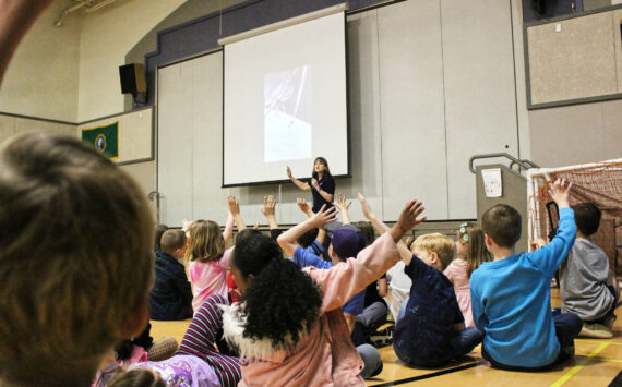Photo by Ray Miller-Still
Former astronaut Dr. Tammy Jernigan speaking at White River School District’s Mountain Meadow Elementary school about her time in space.