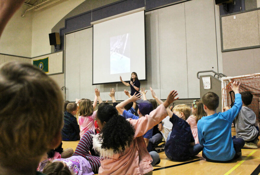 <p>Photo by Ray Miller-Still</p>
                                <p>Former astronaut Dr. Tammy Jernigan speaking at White River School District’s Mountain Meadow Elementary school about her time in space. </p>