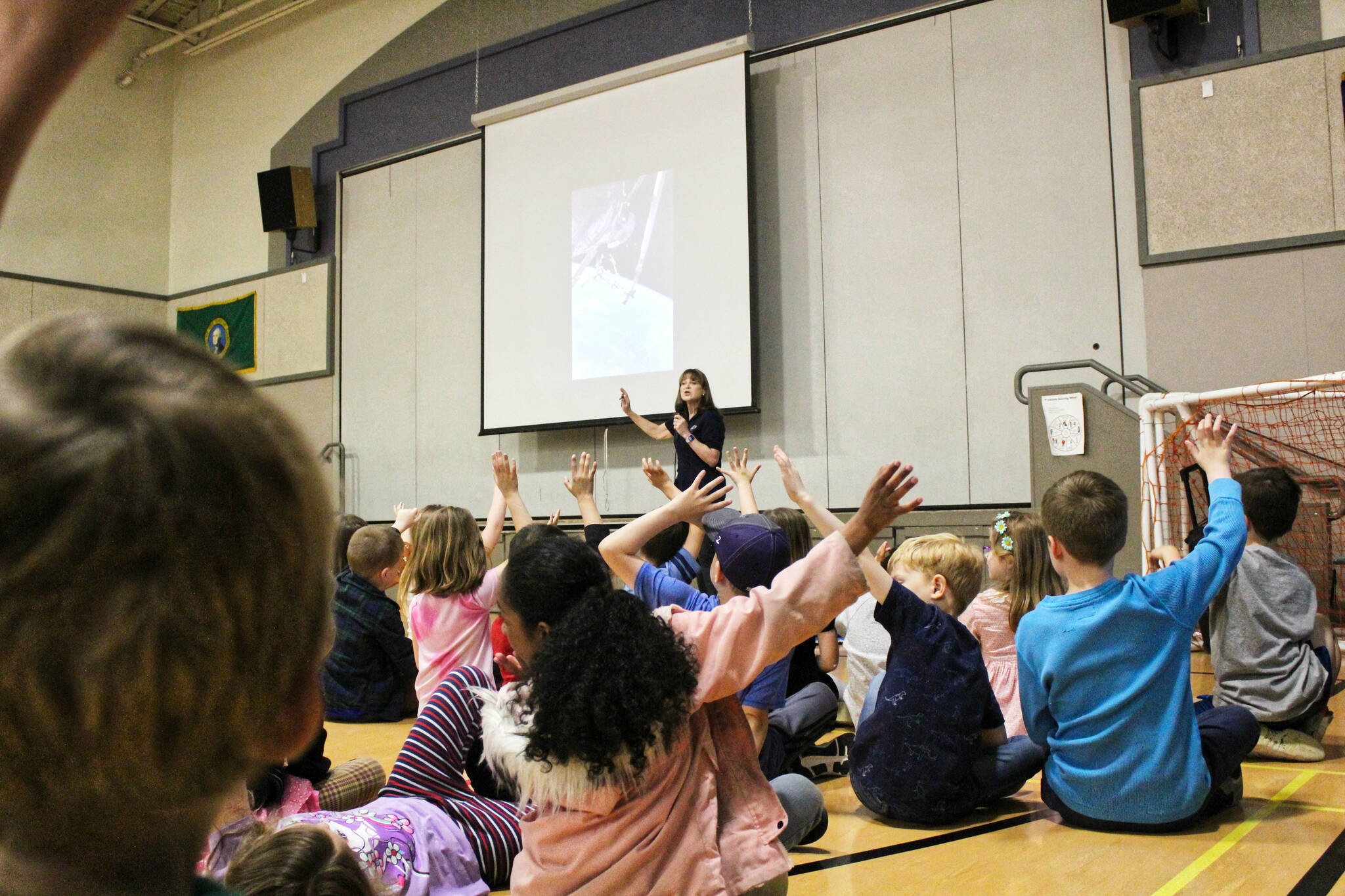 Former astronaut Dr. Tammy Jernigan speaking at White River School District’s Mountain Meadow Elementary school about her time in space. Photo by Ray Miller-Still