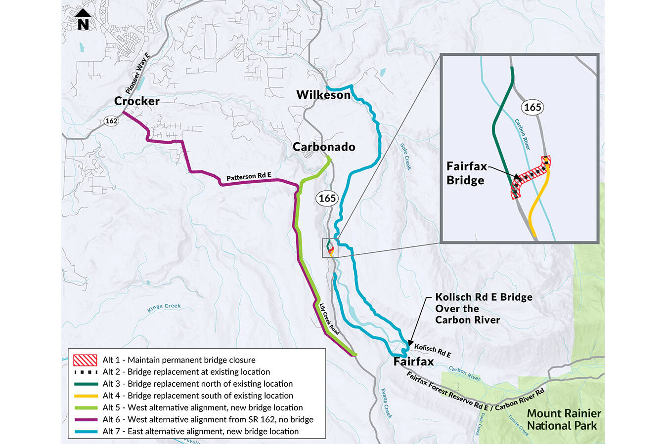 A quick look at how each proposal could re-shape the SR 165/Fairfax Bridge corridor, from replacing the 103 year-old bridge to creating meandering new roads past the structure. Image courtesy Washington State Department of Transportation