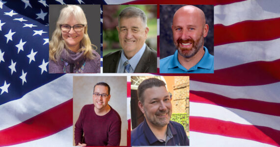 Top row: Black Diamond mayoral candidates Council member Tamie Deady, Geoff Bowie, and John Adler. Bottom row: Enumclaw City Council Pos. 5 candidates Council member Tom Sauvageau and Brodie Smith. Not pictured: Dixie Boush