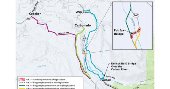 The Washington State Department of Transportation put several options on the table for what to do with the Carbon River/Fairfax Bridge, from building a new one in its place, constructing another on a different route, or simply do nothing. 
Image courtesy WSDOT