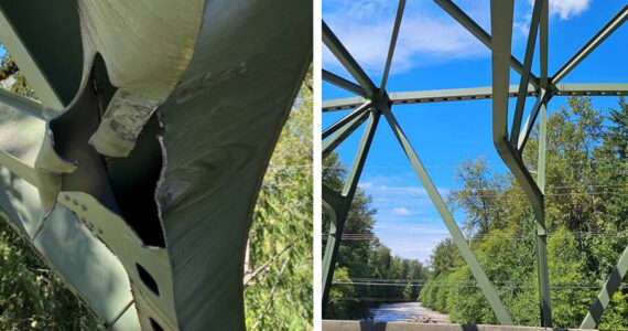 The White River Bridge sustained heavy damage when a truck hit all seven of its panels. Photo courtesy Washington State Department of Transportation