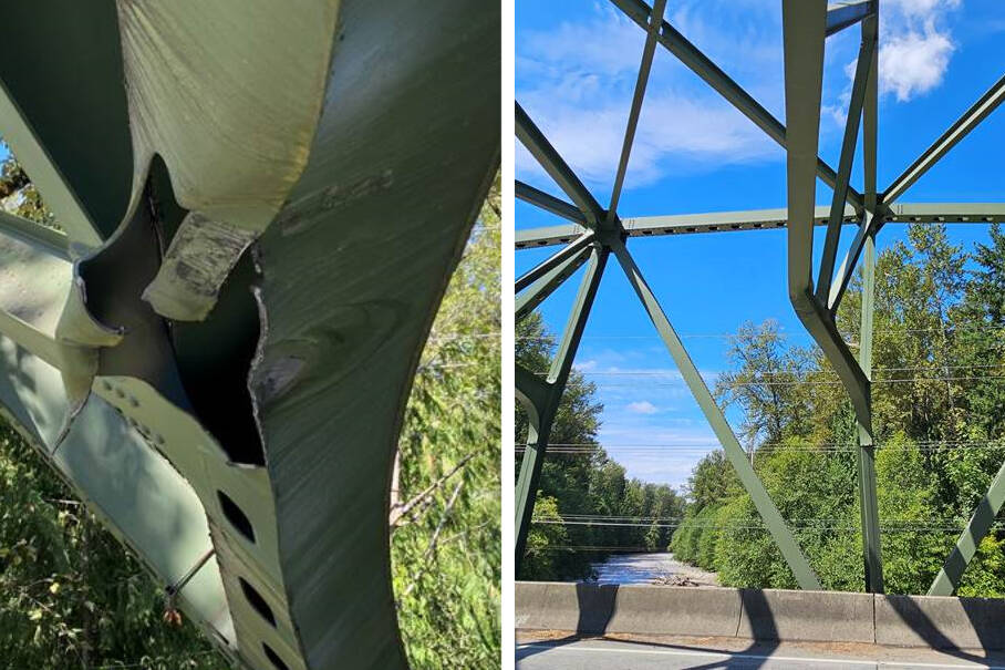 The White River Bridge sustained heavy damage when a truck hit all seven of its panels. Photo courtesy Washington State Department of Transportation