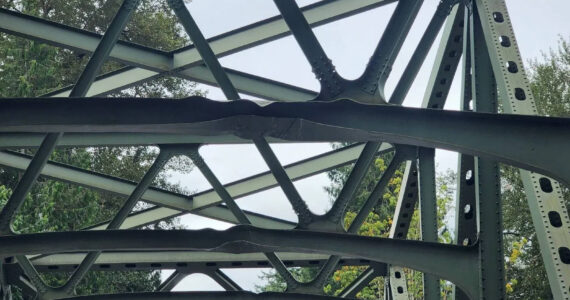 All 7 panels of the White River Bridge were damaged, both horizontal & vertical components, when a large truck hit it on Aug. 18. Photo courtesy Washington State Department of Transportation