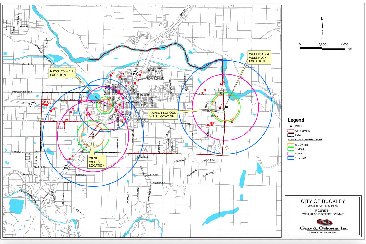 The location of the wells the city of Buckley uses to provide water to its residents. Image courtesy city of Buckley