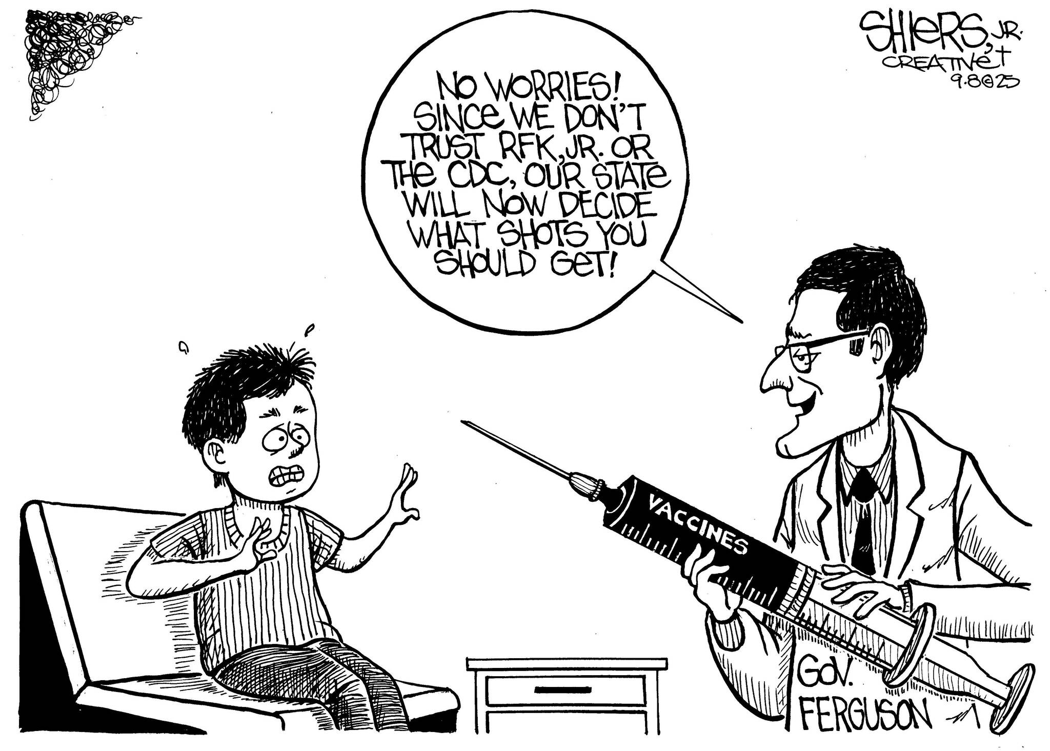 Frank Shiers, Jr. is a longtime King County resident and has drawn political cartoons for over forty years. He creates at least four cartoons a week, which are published in a dozen newspapers.