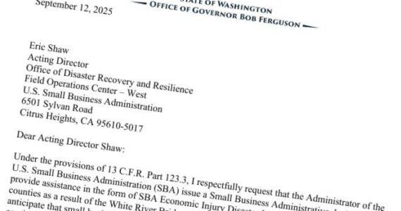 Screenshot of the letter Gov. Bob Ferguson sent to the federal Office of Disaster Recover and Resilience.