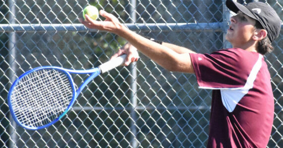 PHOTO BY KEVIN HANSON Enumclaw High junior Eli Macy has anchored the No. 1 singles spot this season, helping the Hornets post a perfect 6-0 record through matches of last week. The squad took on Plateau rival White River yesterday (Tuesday) and travels Thursday to face Decatur High.