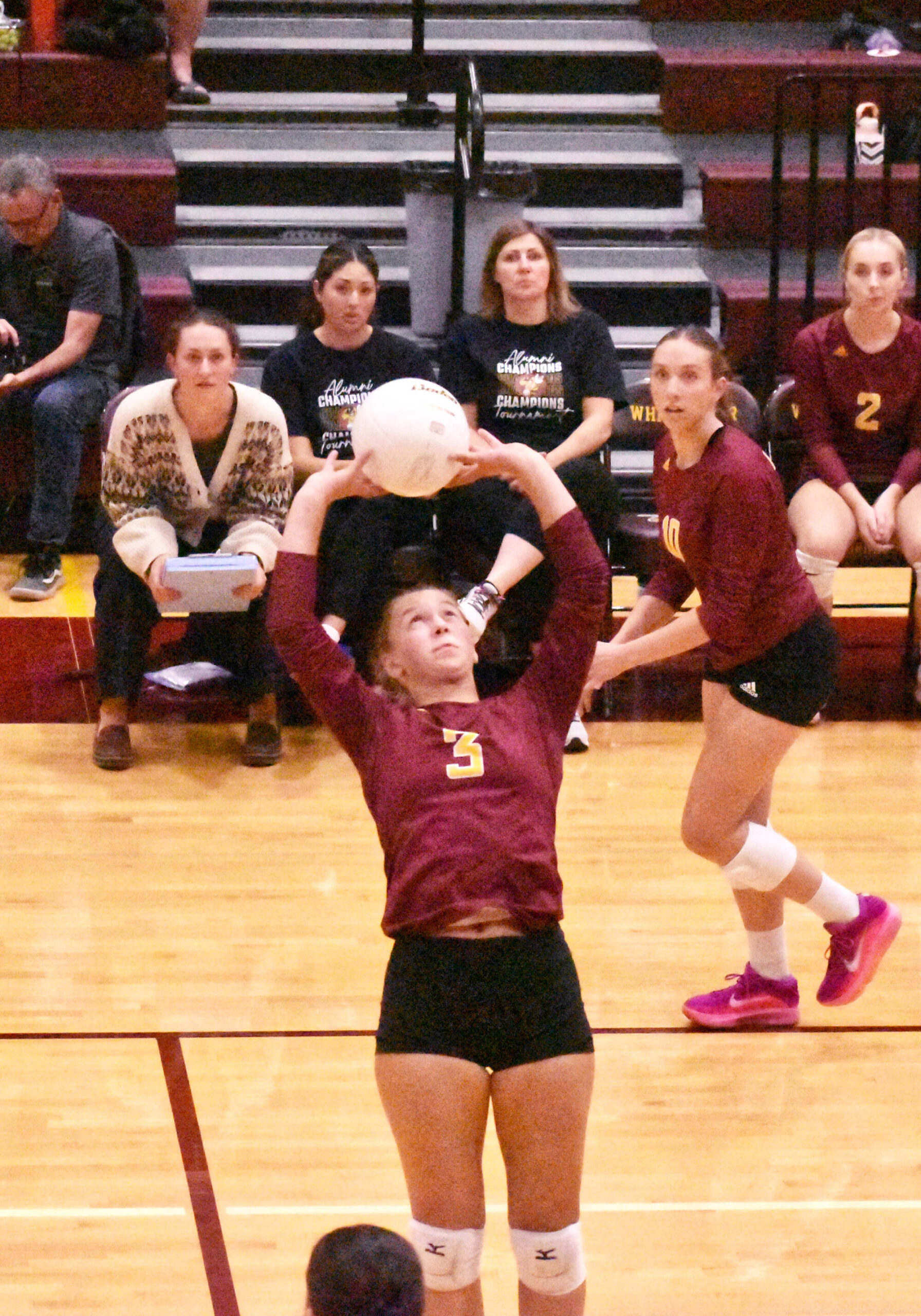 PHOTO BY KEVIN HANSON The White River High squad topped rival Enumclaw last week when the Plateau teams squared off in NPSL 3A volleyball action. In this photo, Enumclaw’s Haley Dumontet (3) sets up a teammate for a play at the net.
