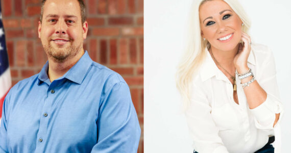 Enumclaw Council member and business owner Tom Sauvageau and Enumclaw Chamber of Commerce Executive Director Kerry Solmonsen