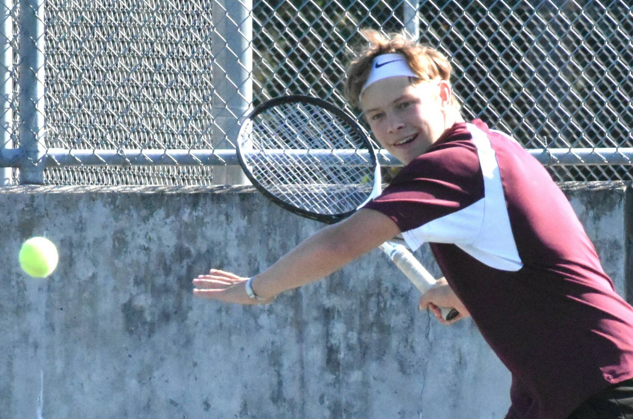 PHOTO BY KEVIN HANSON William Stuenkel, pictured here during an early-season match, has been one-half of Enumclaw’s successful No. 1 doubles team, pairing with King Gisa.