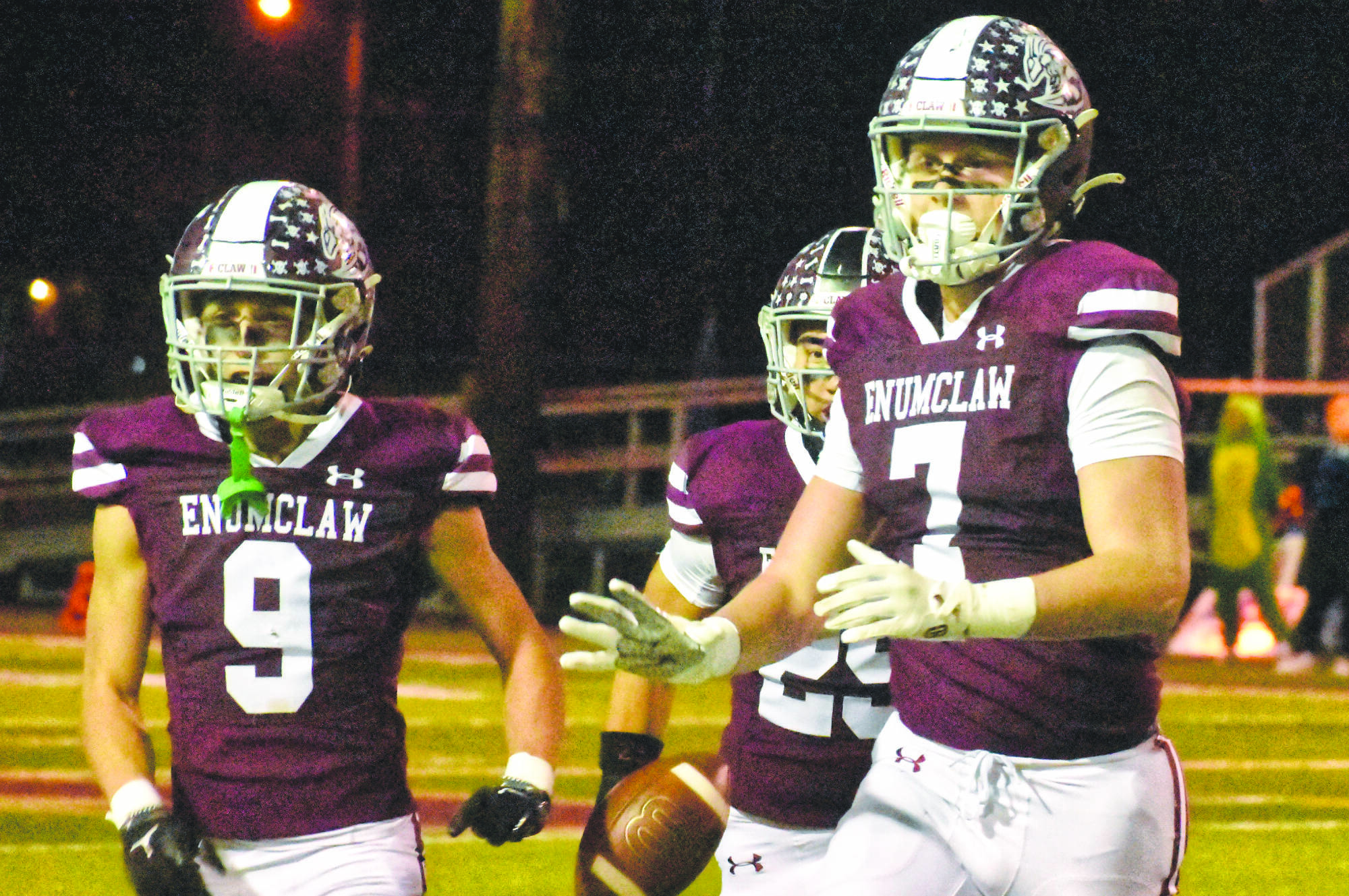 PHOTO BY KEVIN HANSON The Enumclaw High Hornets ran their record to a perfect 7-0 with a Thursday night rout of the visitors from Auburn Mountainview. Pictured here, Hornet linebacker Kage Kuro (7) celebrates as he leaves the field following his first-quarter interception.