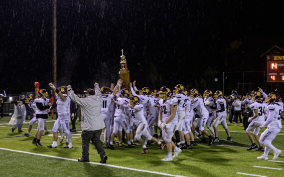 Nothing could dampen White River’s spirits after the Hornets took home last Friday the Battle of the Bridge trophy for the first time in 17 years. Photo by Vic Wright