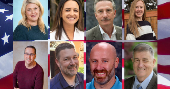 <strong>Top row:</strong> Enumclaw School District Board member Julianne DeShayes and challenger Tara Cochran; Enumclaw School District Board member Paul Fisher and challenger Malia Ebner. <strong>Bottom Row:</strong> Enumclaw Council member Tom Sauvageau and challenger Brodie Smith; Black Diamond mayoral candidates Geoff Bowie and John Adler. <strong>Not pictured:</strong> Sabrina Solmonsen-Waterhouse (Enumclaw Council Pos. No. 3; Breanna Hott and Ed Storton (Enumclaw Council Pos. No. 7; Black Diamond Council member Leih Mulvihill and challenger Mario Sorci; and Dan Dal Santo and Johnathan Englund (Black Diamond Council Pos. No. 6).