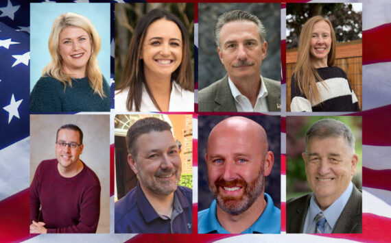 <strong>Top row:</strong> Enumclaw School District Board member Julianne DeShayes and challenger Tara Cochran; Enumclaw School District Board member Paul Fisher and challenger Malia Ebner. <strong>Bottom Row:</strong> Enumclaw Council member Tom Sauvageau and challenger Brodie Smith; Black Diamond mayoral candidates Geoff Bowie and John Adler. <strong>Not pictured:</strong> Sabrina Solmonsen-Waterhouse (Enumclaw Council Pos. No. 3; Breanna Hott and Ed Storton (Enumclaw Council Pos. No. 7; Black Diamond Council member Leih Mulvihill and challenger Mario Sorci; and Dan Dal Santo and Johnathan Englund (Black Diamond Council Pos. No. 6).