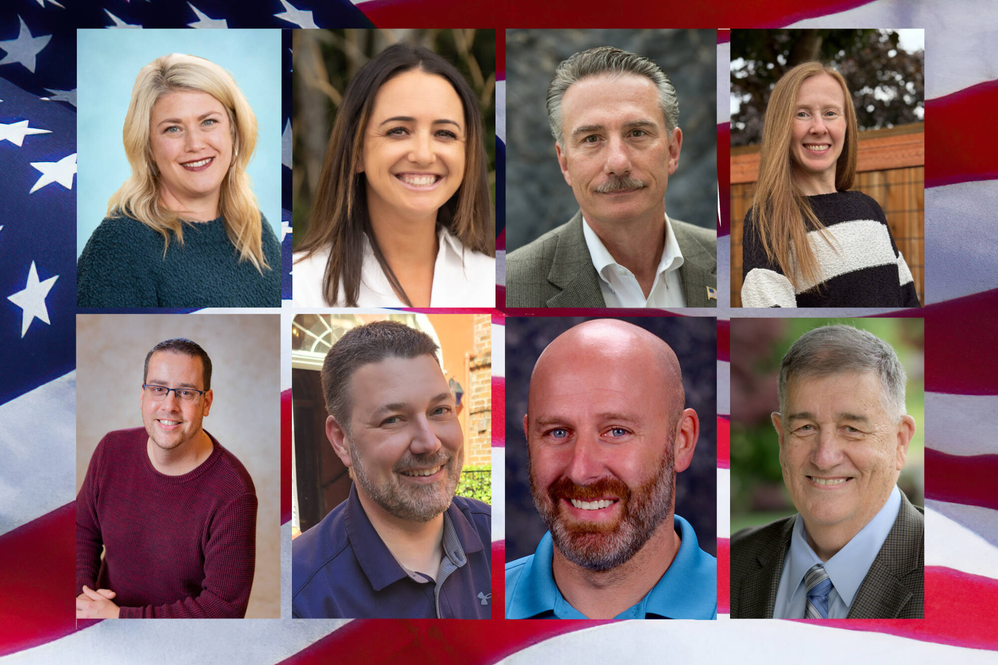 <strong>Top row:</strong> Enumclaw School District Board member Julianne DeShayes and challenger Tara Cochran; Enumclaw School District Board member Paul Fisher and challenger Malia Ebner. <strong>Bottom Row:</strong> Enumclaw Council member Tom Sauvageau and challenger Brodie Smith; Black Diamond mayoral candidates Geoff Bowie and John Adler. <strong>Not pictured:</strong> Sabrina Solmonsen-Waterhouse (Enumclaw Council Pos. No. 3; Breanna Hott and Ed Storton (Enumclaw Council Pos. No. 7; Black Diamond Council member Leih Mulvihill and challenger Mario Sorci; and Dan Dal Santo and Johnathan Englund (Black Diamond Council Pos. No. 6).