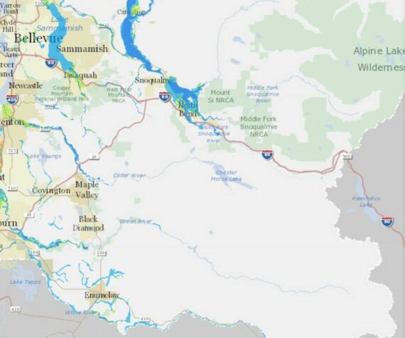 The King County flood map shows the different areas of South King County, indicated by blues and oranges, that are prone to flooding. Image courtesy of King County Flood Control.