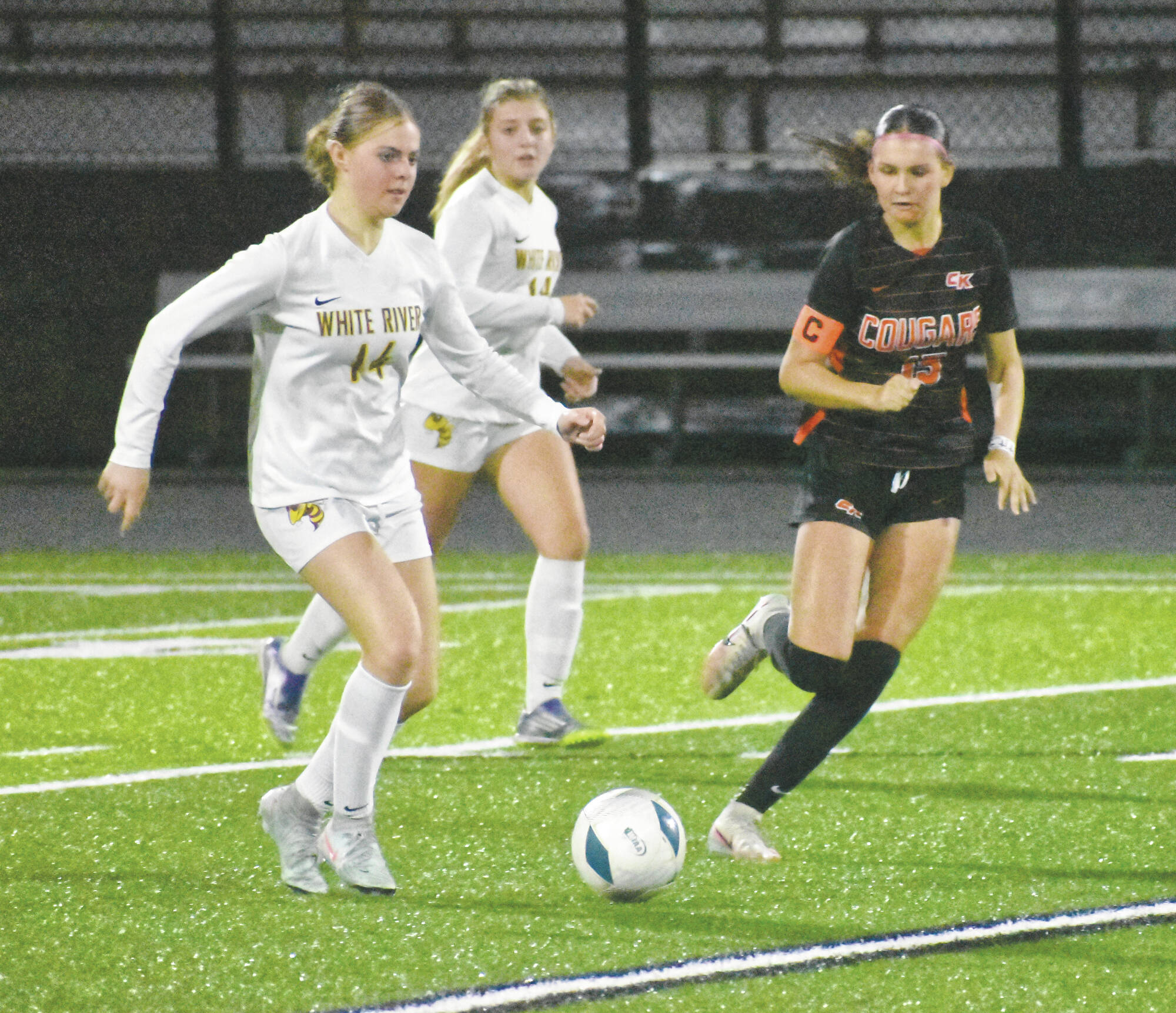 WR-Soccer-Soule Hornet Riley Soule races downfield during the first half of White Rivers playoff game against Central Kitsap.