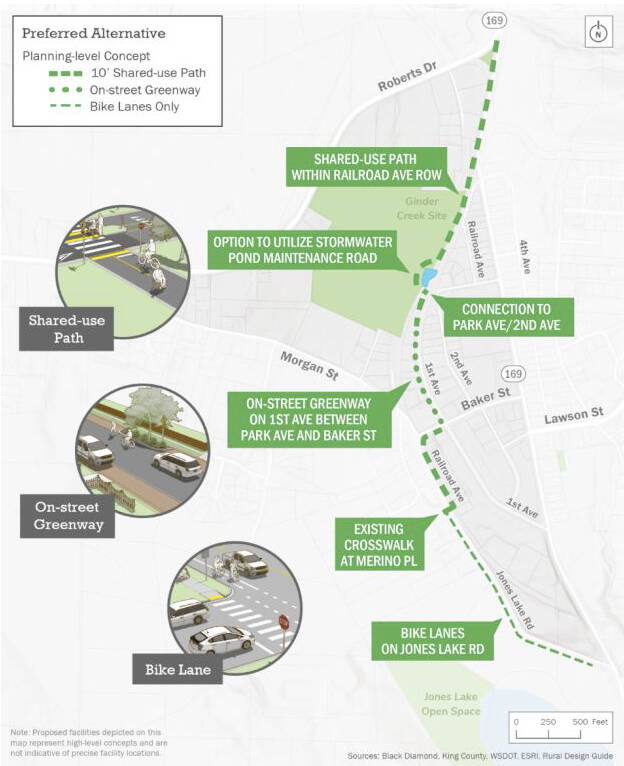 A proposed trail bypass that runs through Black Diamonds downtown area and connecting to two places on SR 169. Image courtesy city of Black Diamond