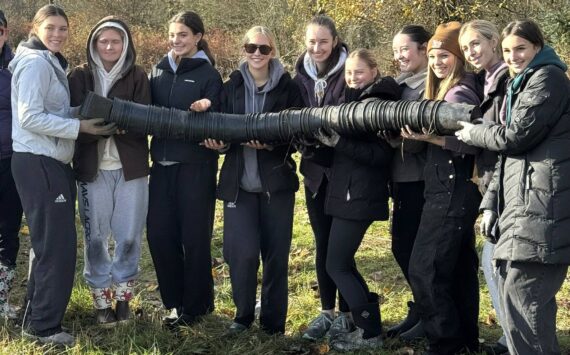 SUBMITTED PHOTO
Members of the Enumclaw High volleyball program helped plant trees along the banks of South Prairie Creek, part of an ongoing restoration project. From left are Emma Holt, Berkley Kahne, Ava Smith, Halle Martel, Natalie Patten, Reagan Nelson, Malia Williamson, Ella Webley, Kaylee Wall, and Carolyn Megargle.