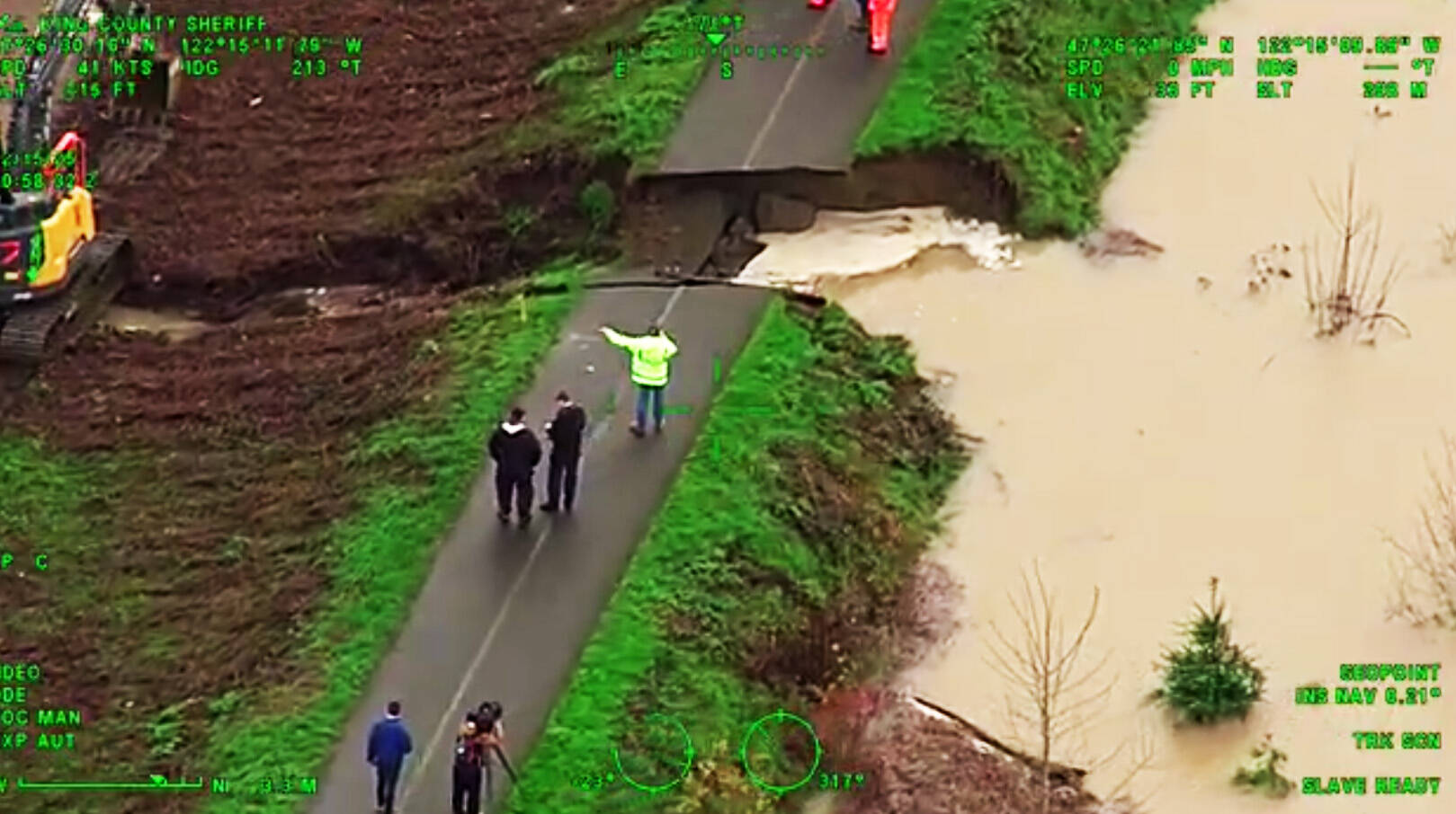 A breach in the Desimone Levee along the Green River on Dec. 15 in Tukwila. SCREENSHOT/Video, Courtesy King County Sheriffs Office