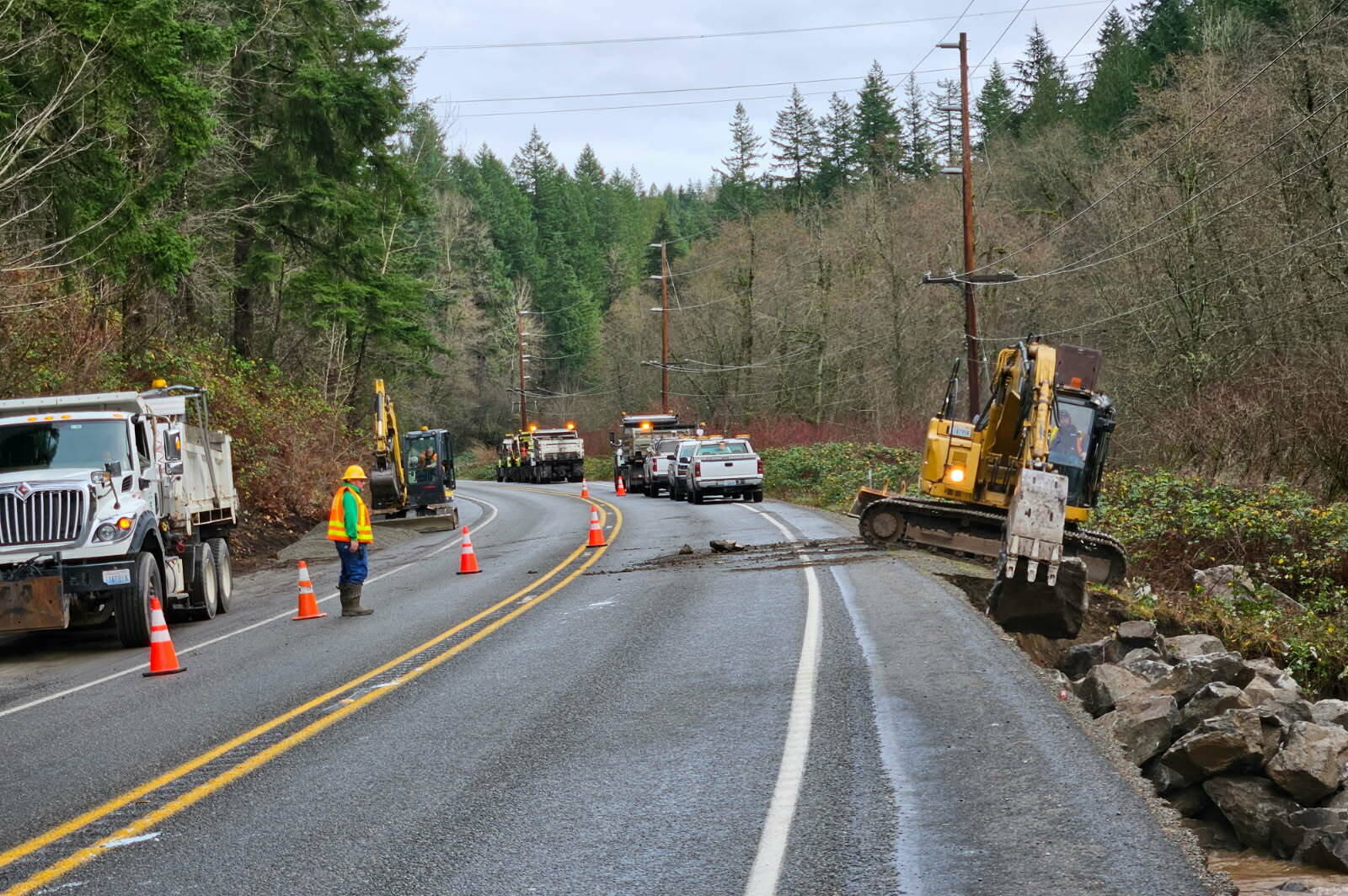 Washington State Department of Transportation crews spent the last week altering state Route 410 so traffic can alternate in the westbound lane. Photo courtesy WSDOT