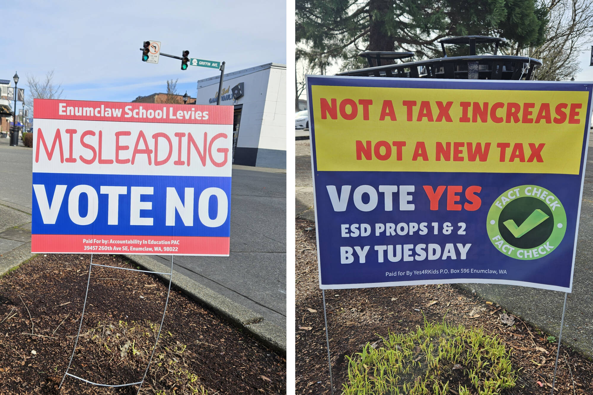 Signs urging voters to approve or reject the Enumclaw School Districts proposed renewal levies. Photos by Ray Miller-Still