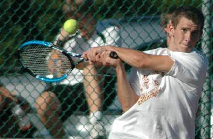 Jeremy McCarthy slams one home during EHS tennis action with Bonney Lake.
