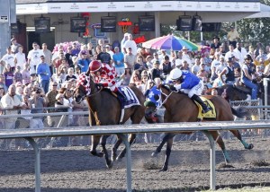 Taylor Said (red & whiie blocks) wins a thriller over Winning Machine in the Grade 3 Longacres Mile.
