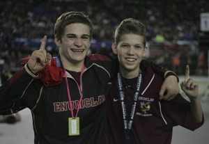 Enumclaw's senior Hunter Haney celebrates after winning the 126 pound state title over sophomore Jake Treece Saturday at the Mat Classic boys wrestling tournament.